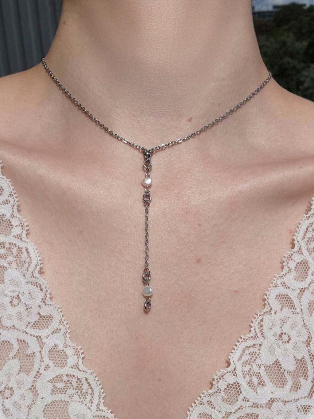 Pearl and silver rosary necklace with a small silver chain ✦ Modern Medieval ✦